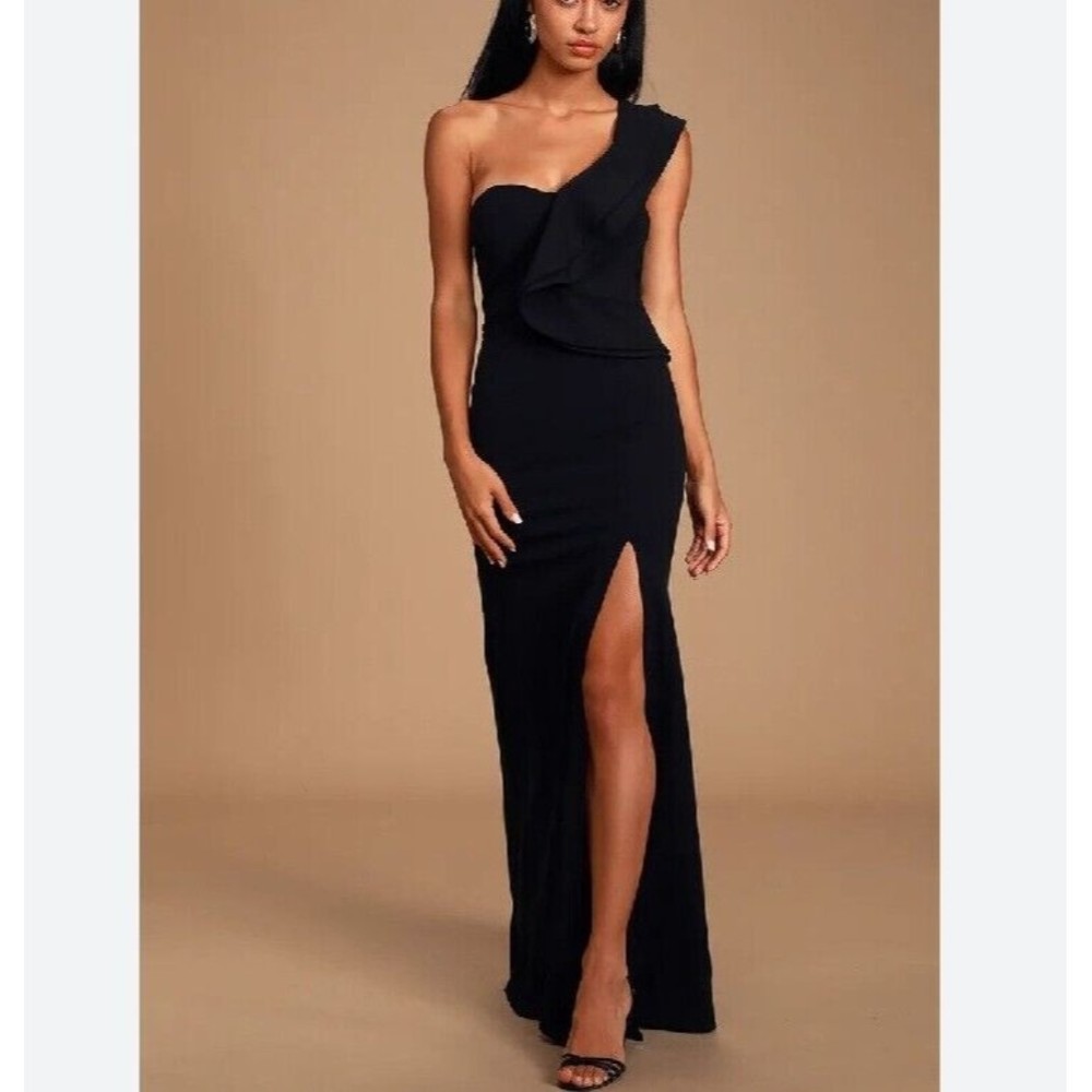 LuLu's Women's Size XS Black Ruffled One Shoulder Long Side Slit Dress Kiss Me